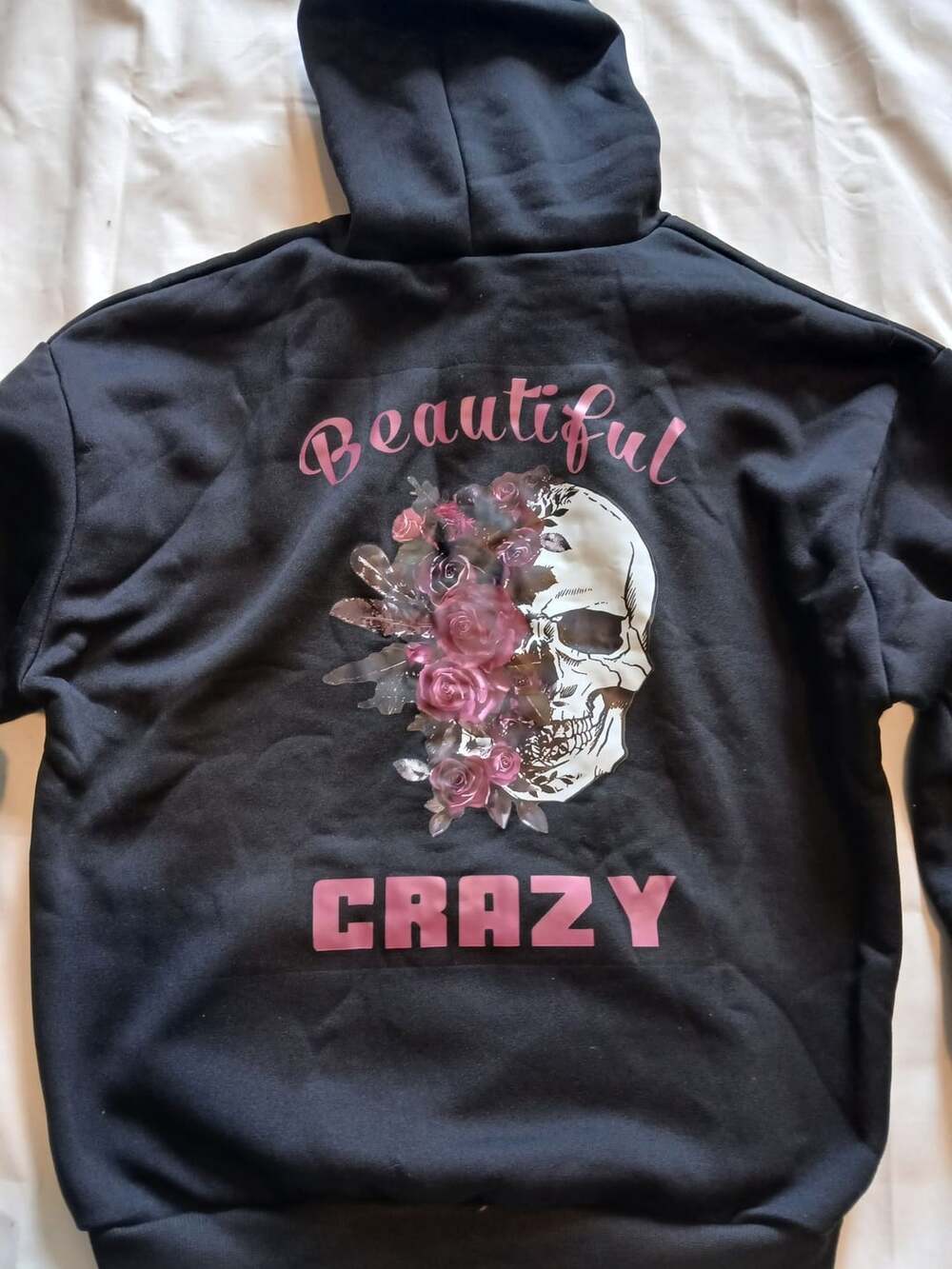 Beautiful Crazy Skull Floral Hoodie Size L Black Pullover Sweatshirt